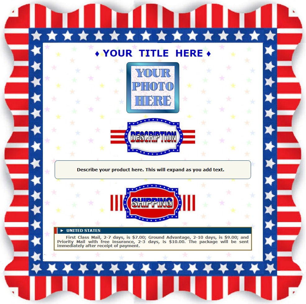 AUCTION TEMPLATE Patriotic Border Red White & Blue Striped Design  FREE SHIPPING