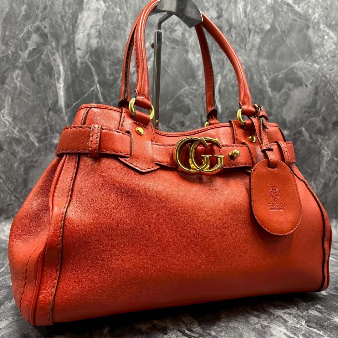 GUCCI Leather Tote Bag Orange GG Logo Gold Hardware Vintage Authentic Japan