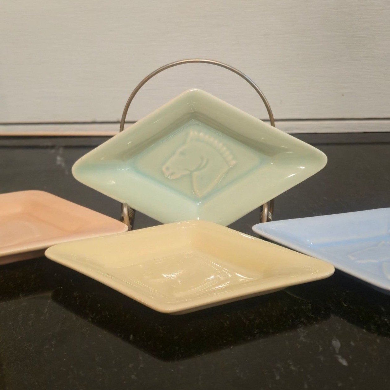 Vintage horse head embossed Trinket dish set Diamond Butter pats Made in Italy