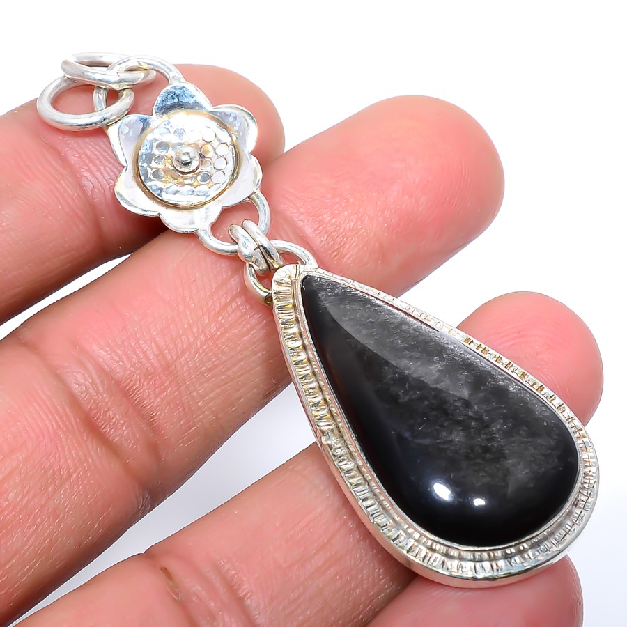 Silver Sheen Obsidian Solid 925 Sterling Silver Pendant Jewelry 2.8" T1