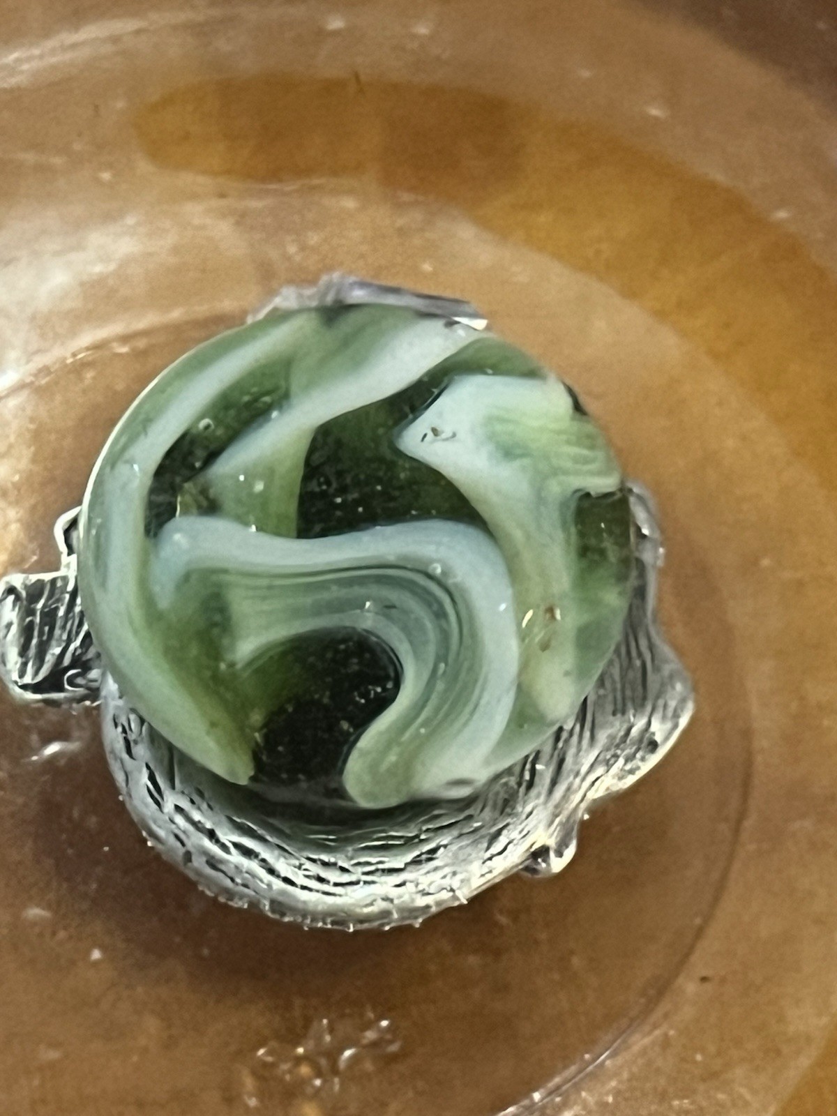 Vintage Hand Gathered Slag Pattern Marble Light Green Base Oblong Shape 0.67”