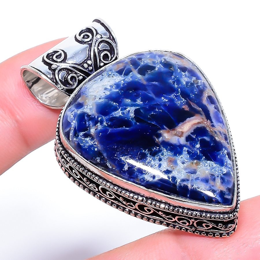 Natural Sodalite Gemstone 925 Sterling Silver Vintage Pendant 1.77" t386
