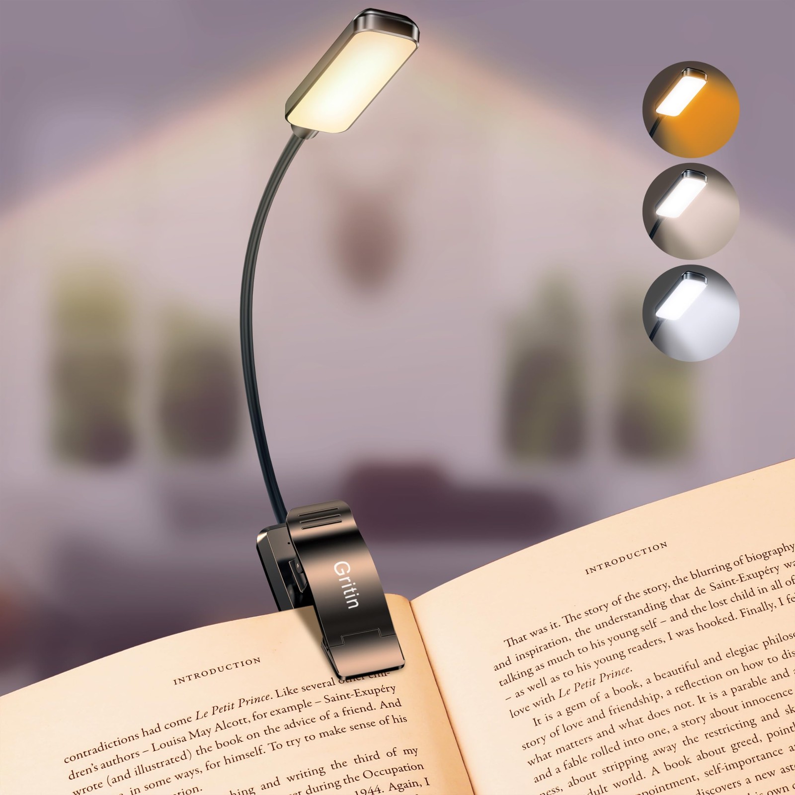 Gritin 9 LED Rechargeable Book Light for Reading in Bed Standard, Jet Black 