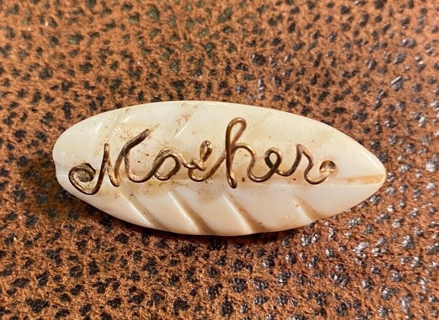 Vintage Shell White Carved Leaf w Wired Mother Pin Brooch 1 5/8"