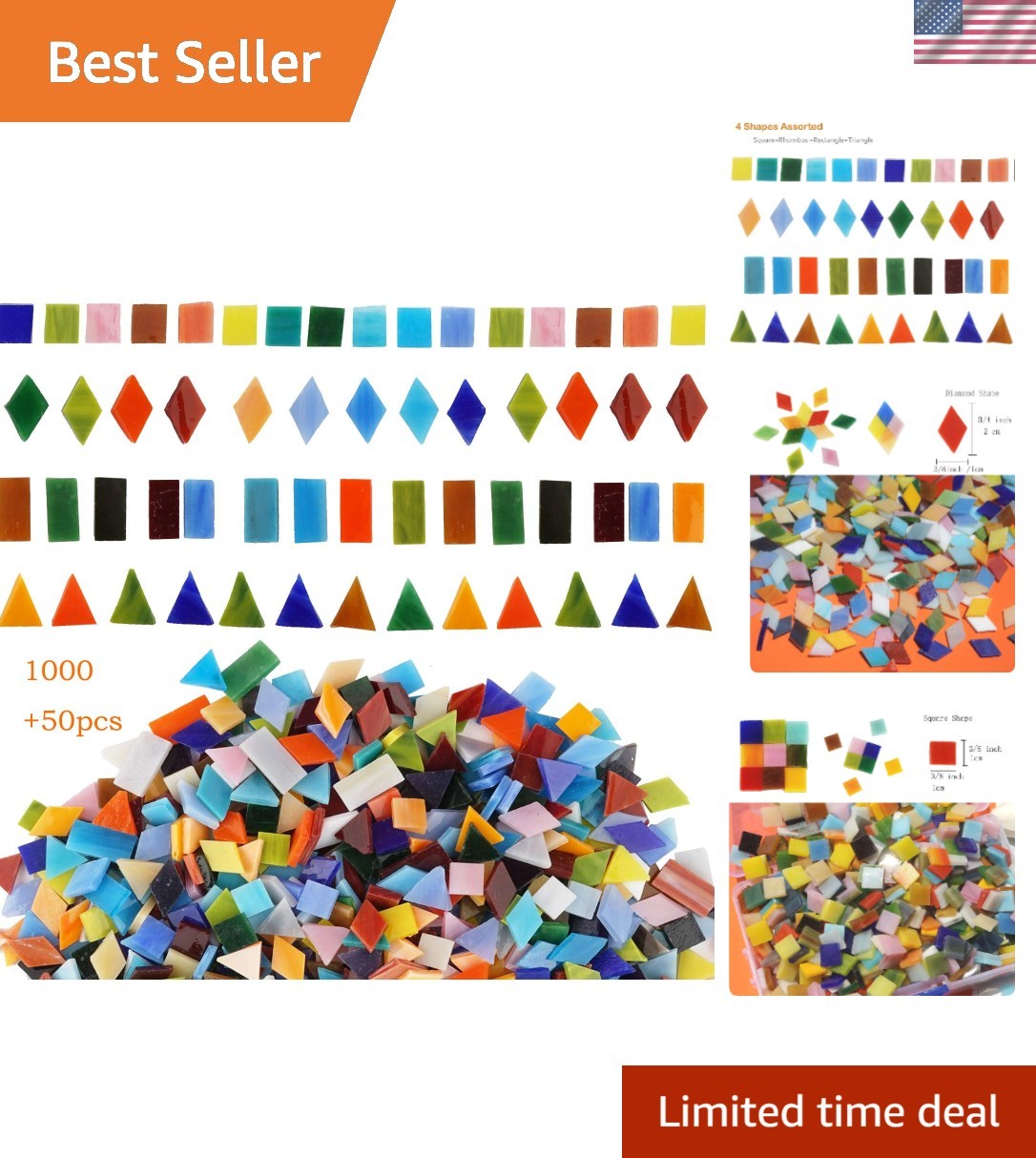 1050 Pieces Mixed Shapes Glass Mosaic Tiles for Crafts, Colorful Stained Glas...