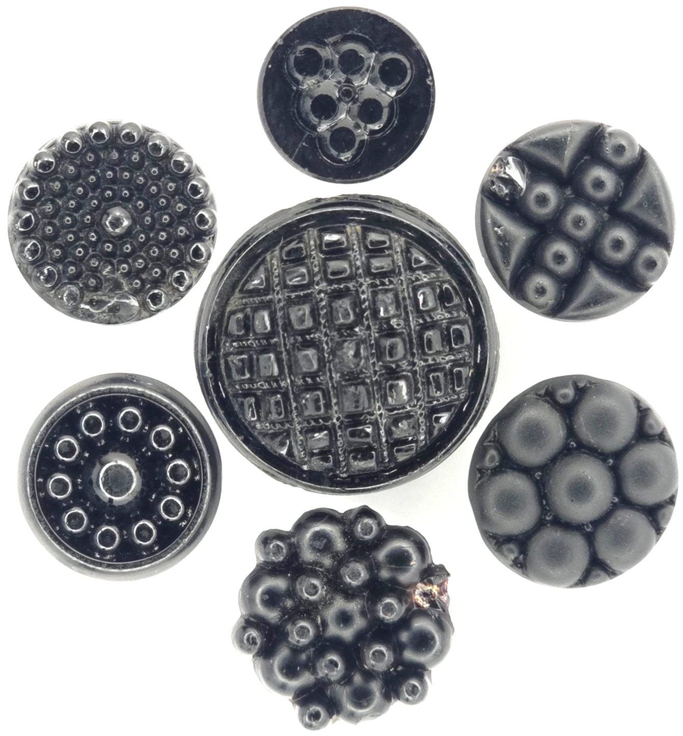 C1880s Antique Victorian Black Glass Geometric Beaded Studded Button LOT 7