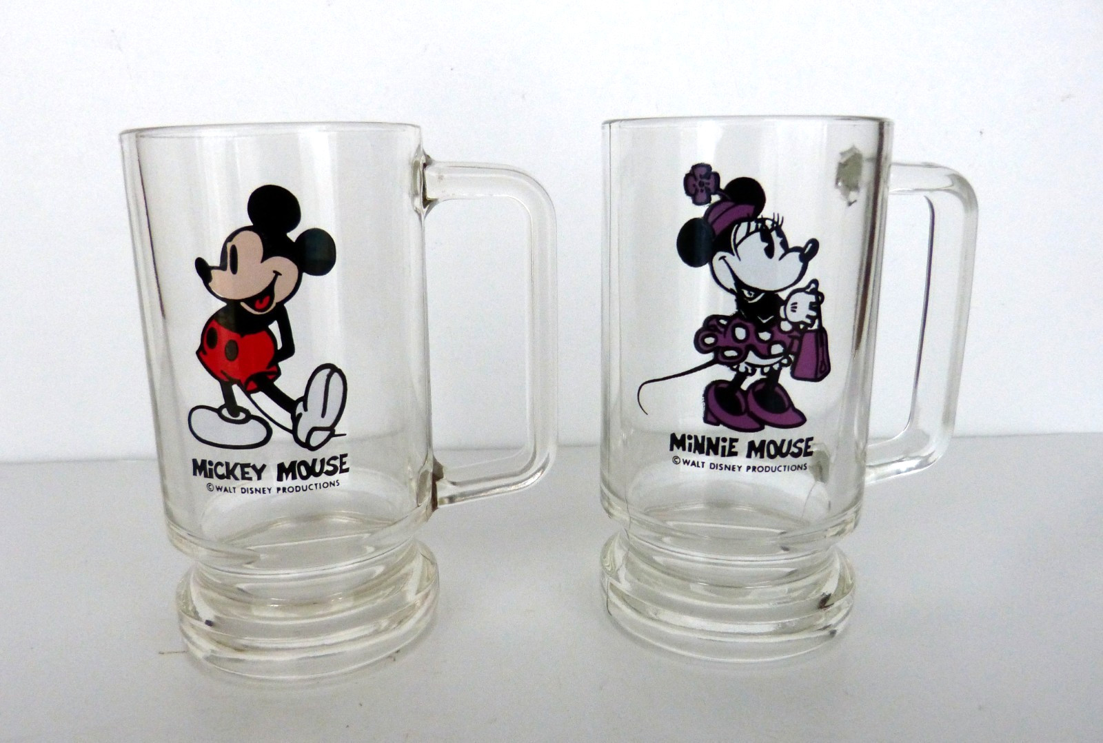 Set of 2 Vintage Walt Disney Mickey & Minnie Mouse Tall Glass Mugs Glasses EUC
