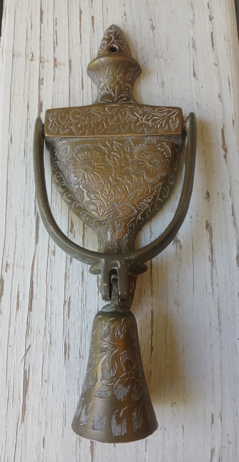 Vtg8"EngravedBrassOrnateDoorKnockerBellRingMidCenturyRetro60sCottageFiligreeGold