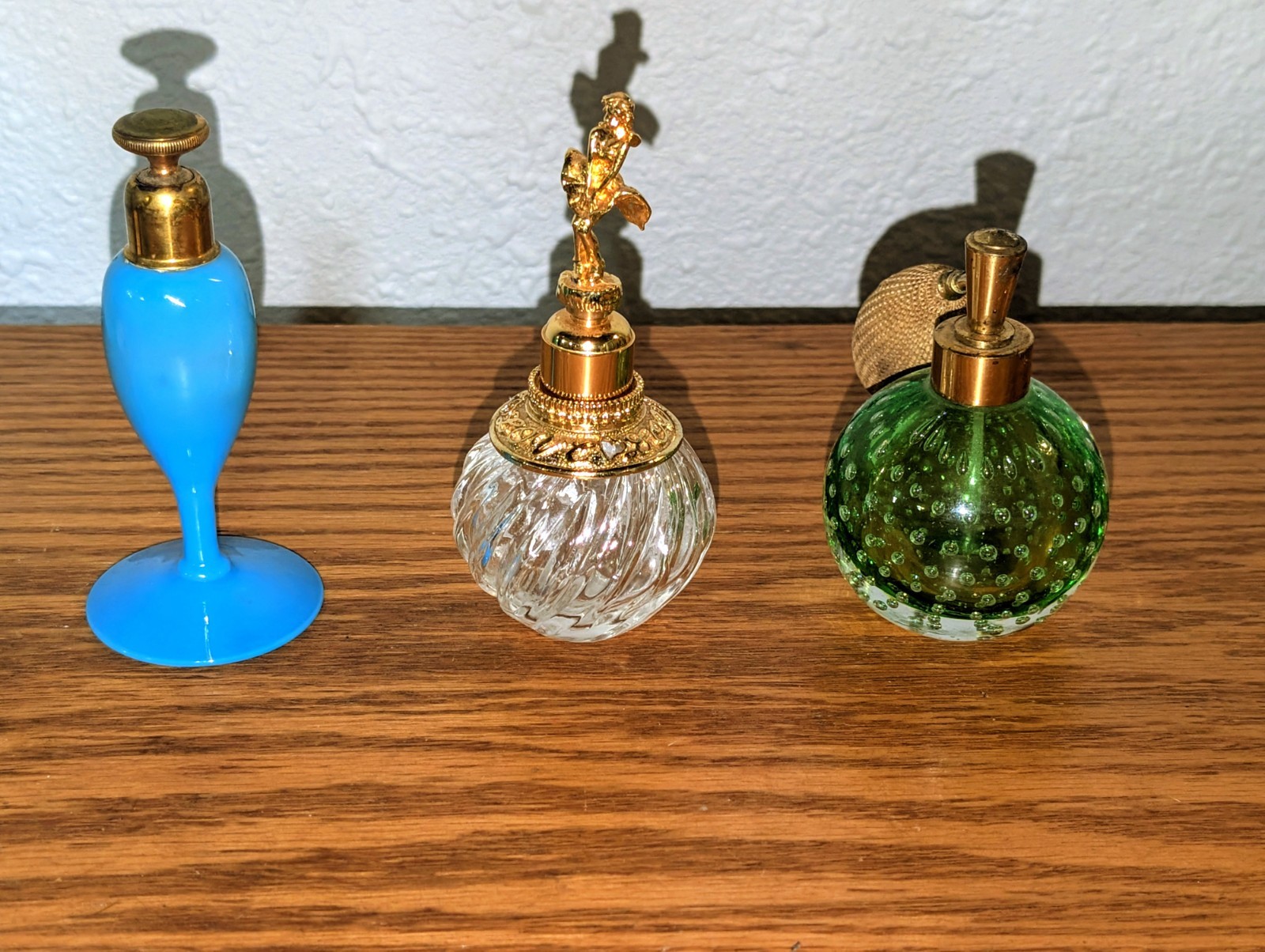 Three Vintage Glass Perfume Bottles Green Clear And Blue 