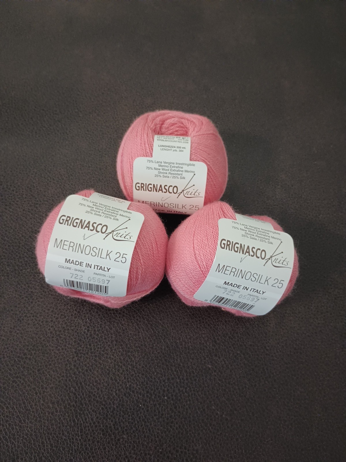 Grignasco Knits Set Of 3 Merino Silk 0.88 OZ  Color 722 Pink Wool / Silk