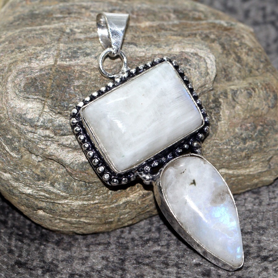 Rainbow Moonstone 925 Silver Plated Pendant 2.3" Aesthetic Jewellery JW