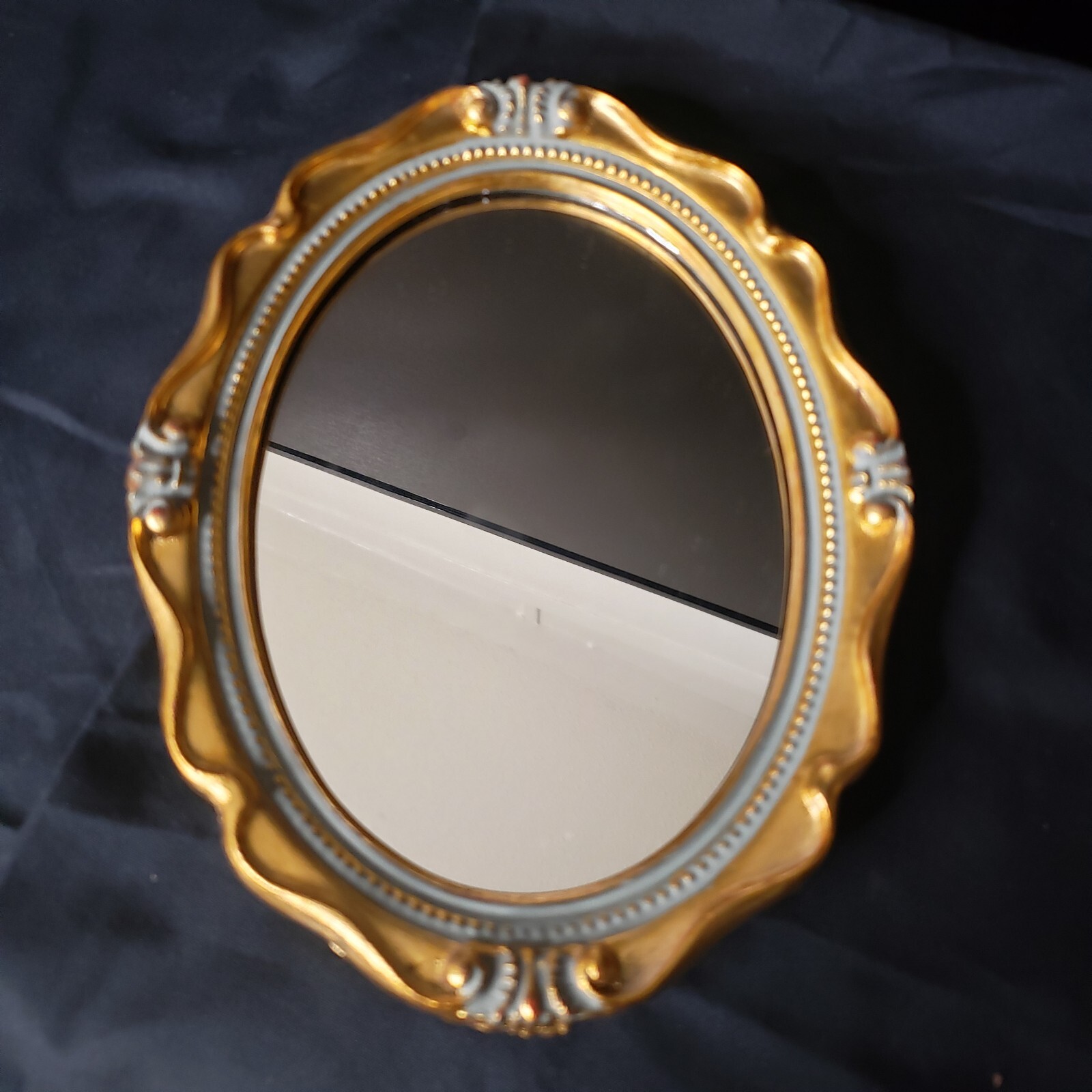 Vintage Oval Antiqued Gold Carved  Resin or Plastic Ornate Mirror Frame MCM