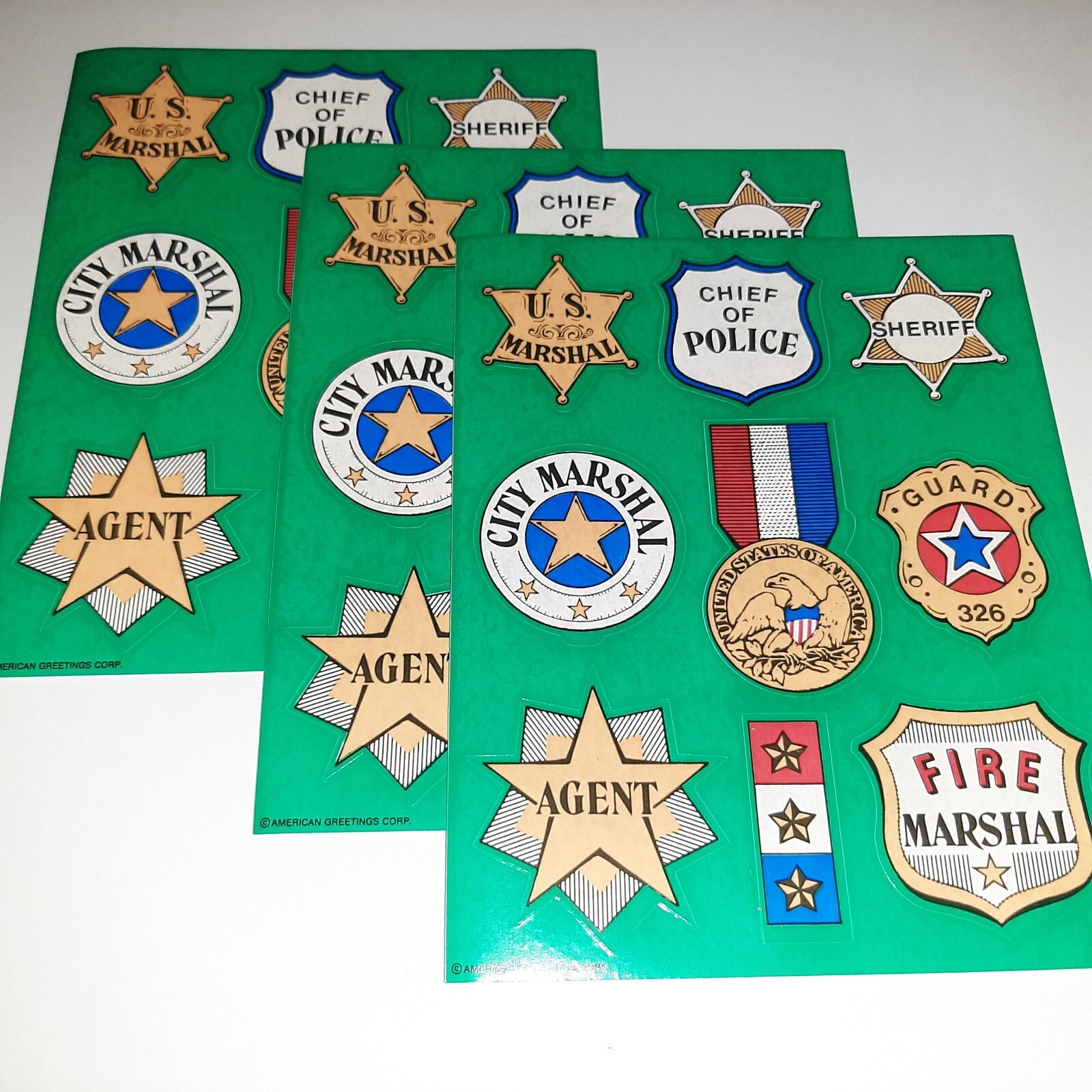 Vintage American Greetings Stickers x3 Sheets Badges Police Fire Agent Sheriff