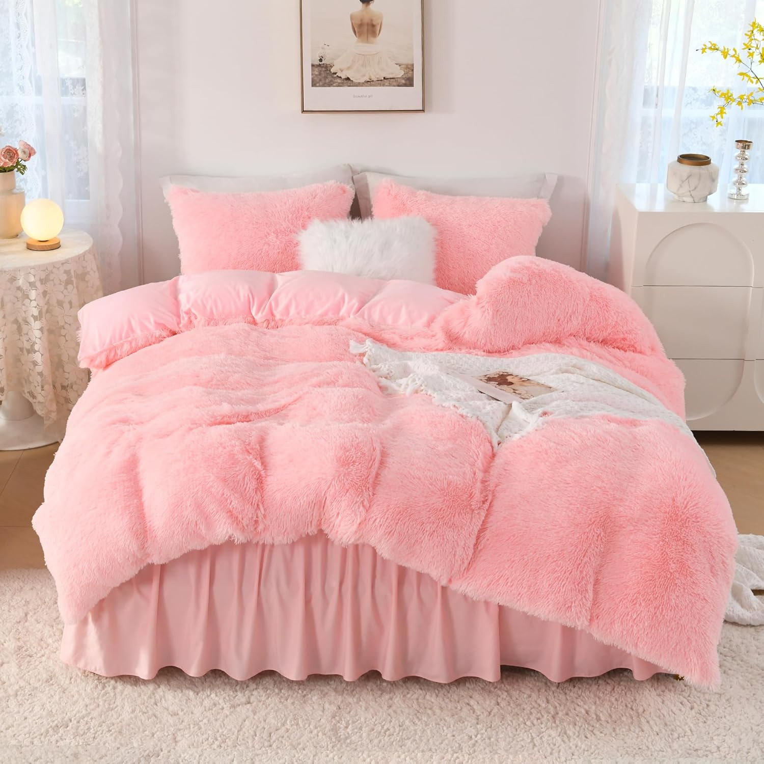 Pink Fluffy Comforter Queen Size, Luxury Shaggy Faux Fur Bedding Cute for Women 