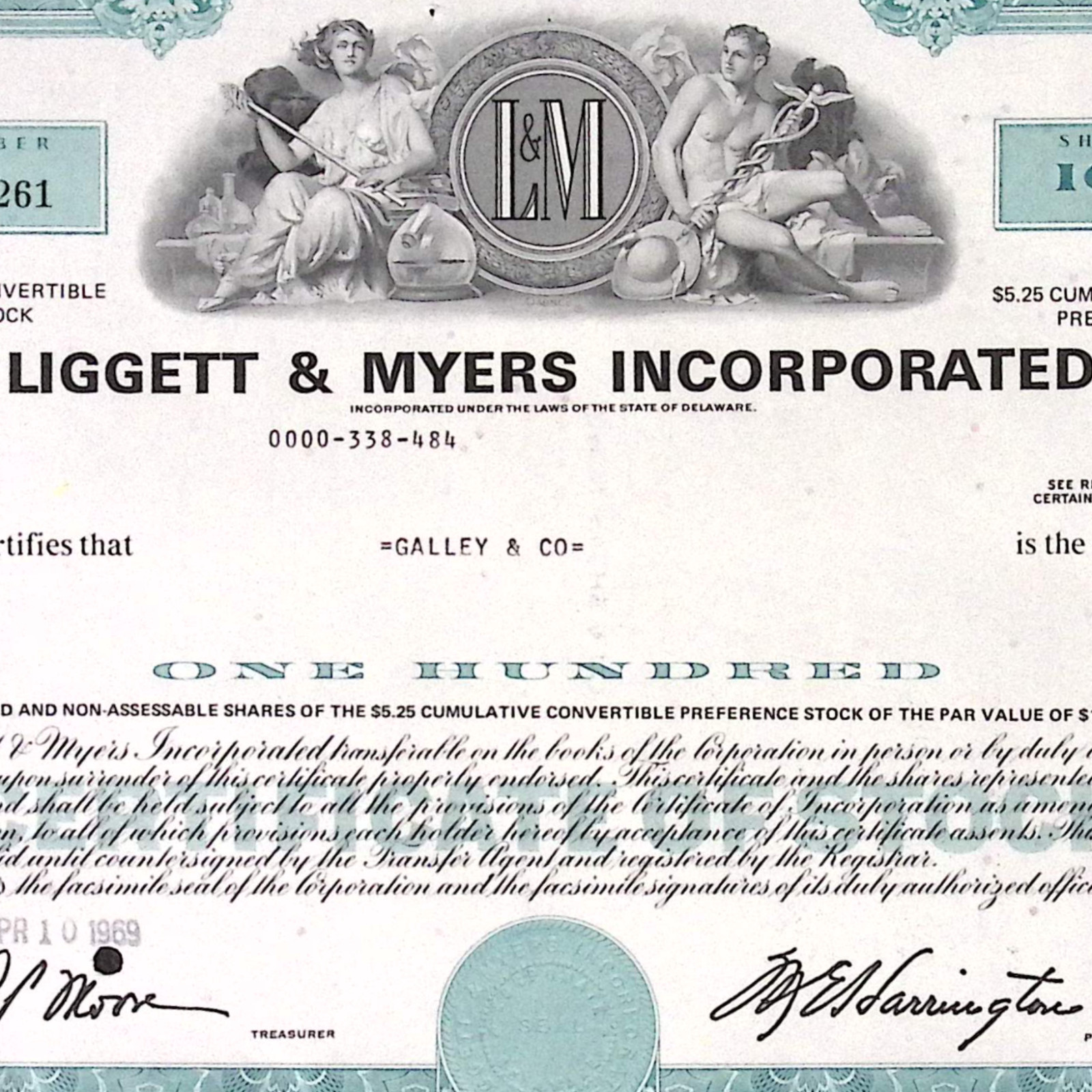 1969 Liggett & Myers Tobacco Co Convertible Preference Stock 100 Shares