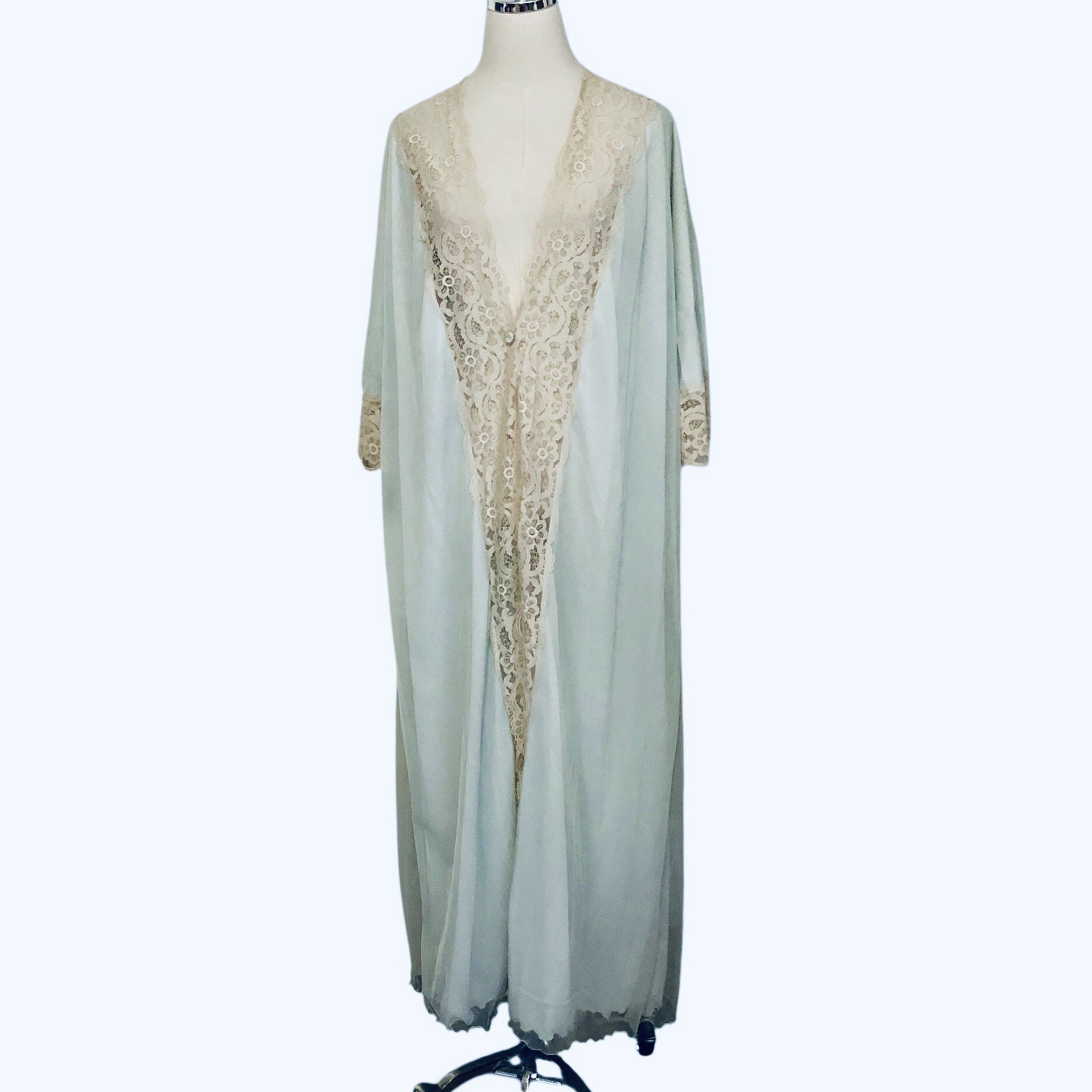 Vtg 60s Intime of California Peignoir Robe Dressing Gown Blue Nylon Ecru Lace M