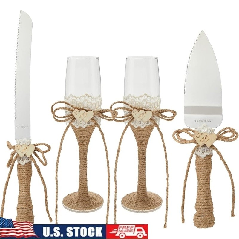 Rustic Wedding Cake Knife Server Set W/ Champagne Flutes Elegant Decor New