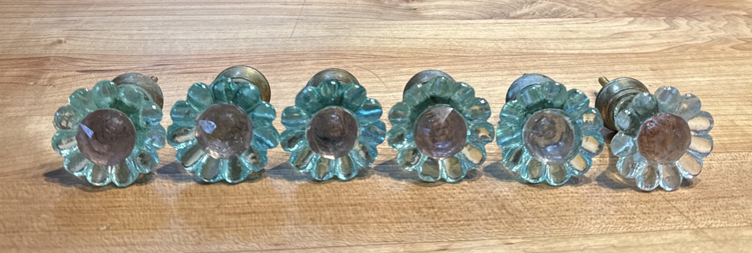 6 Turquoise & Pink Glass & Brass Daisy Flower Drawer Knobs Pulls