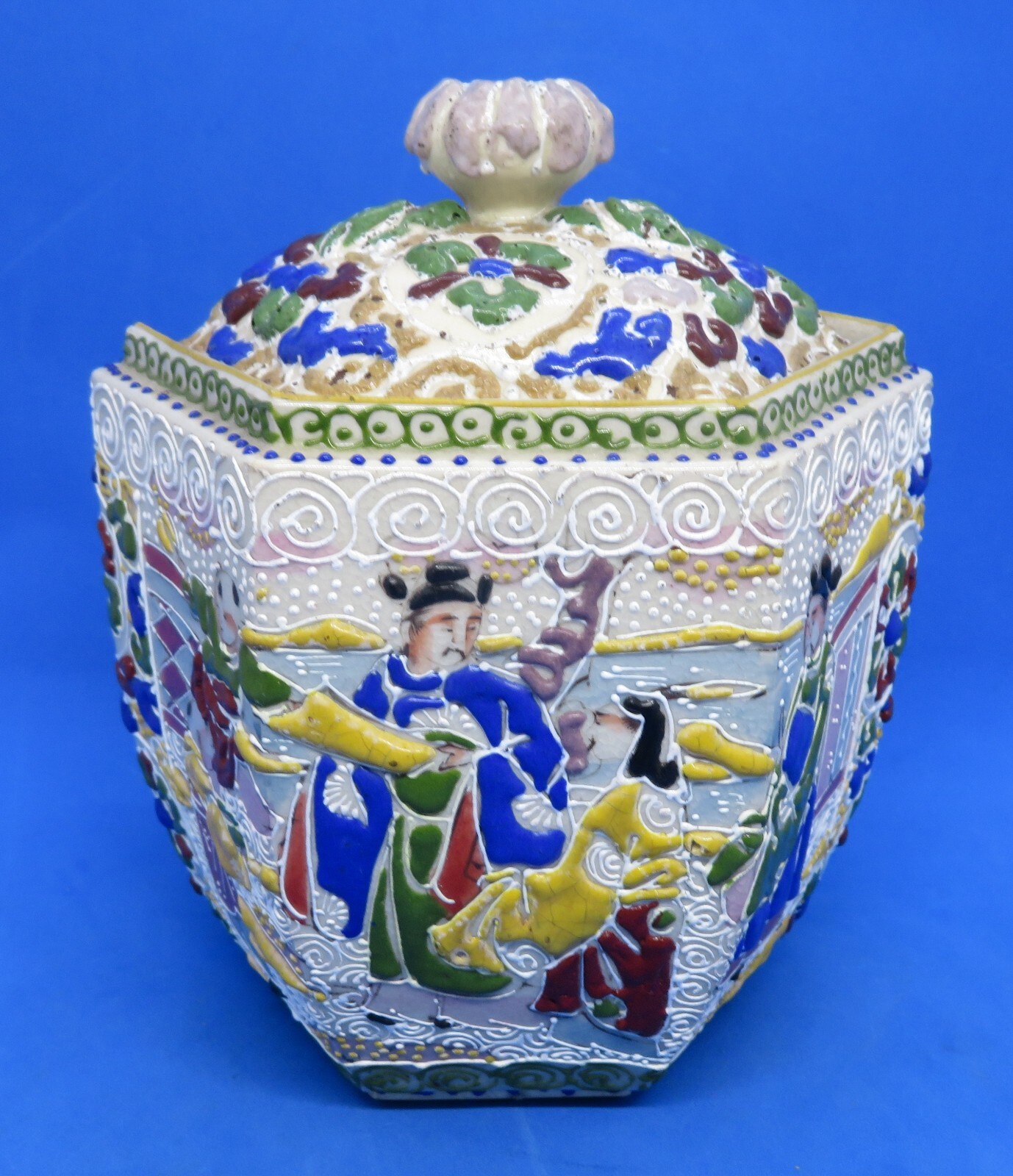 Japanese Satsuma vintage Art Deco oriental antique figural lidded vase / jar