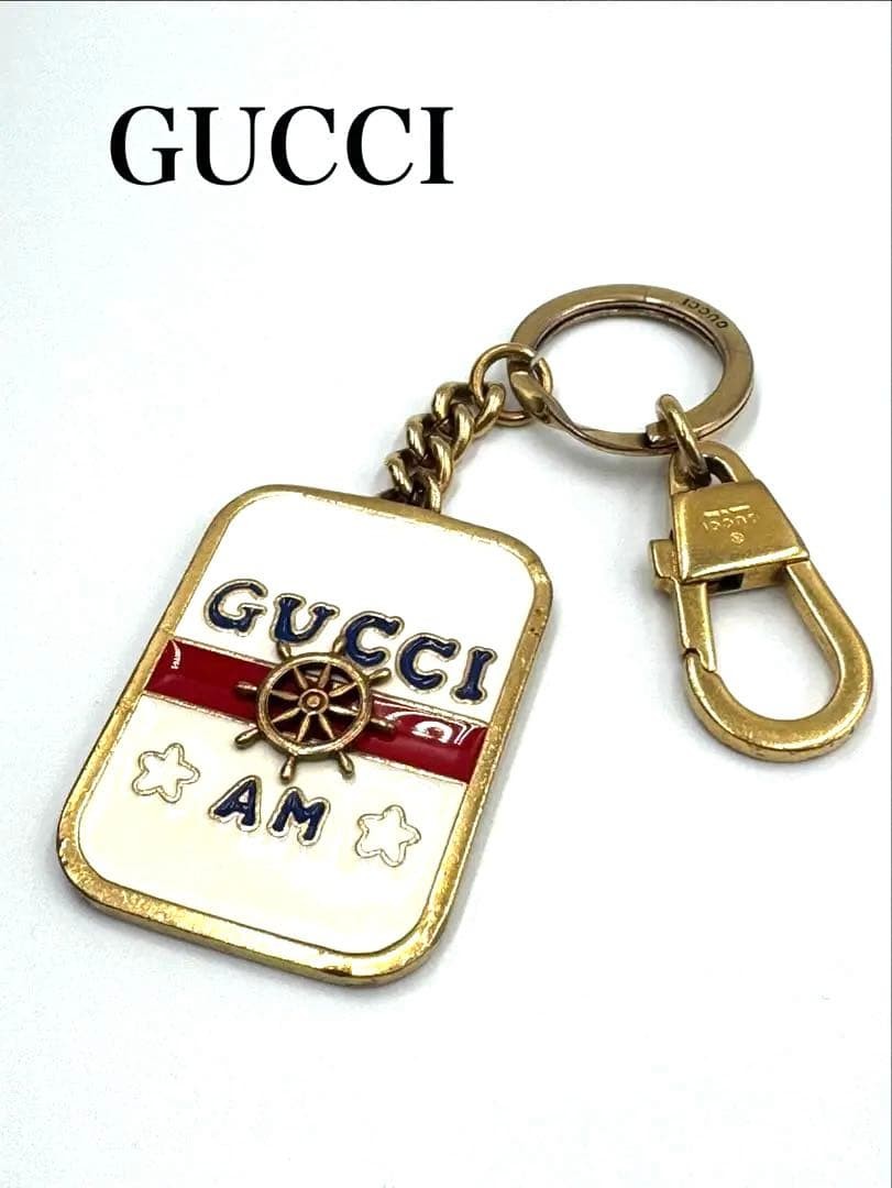 GUCCI Anchor Wheel Logo Key Ring Charm White × Gold with Engraving
