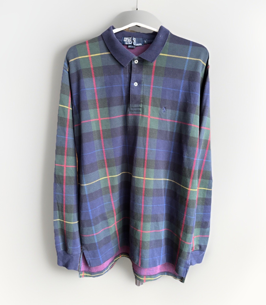 Vtg 90s POLO RL Tartan Long Sleeve Polo Shirt.made USA.LG
