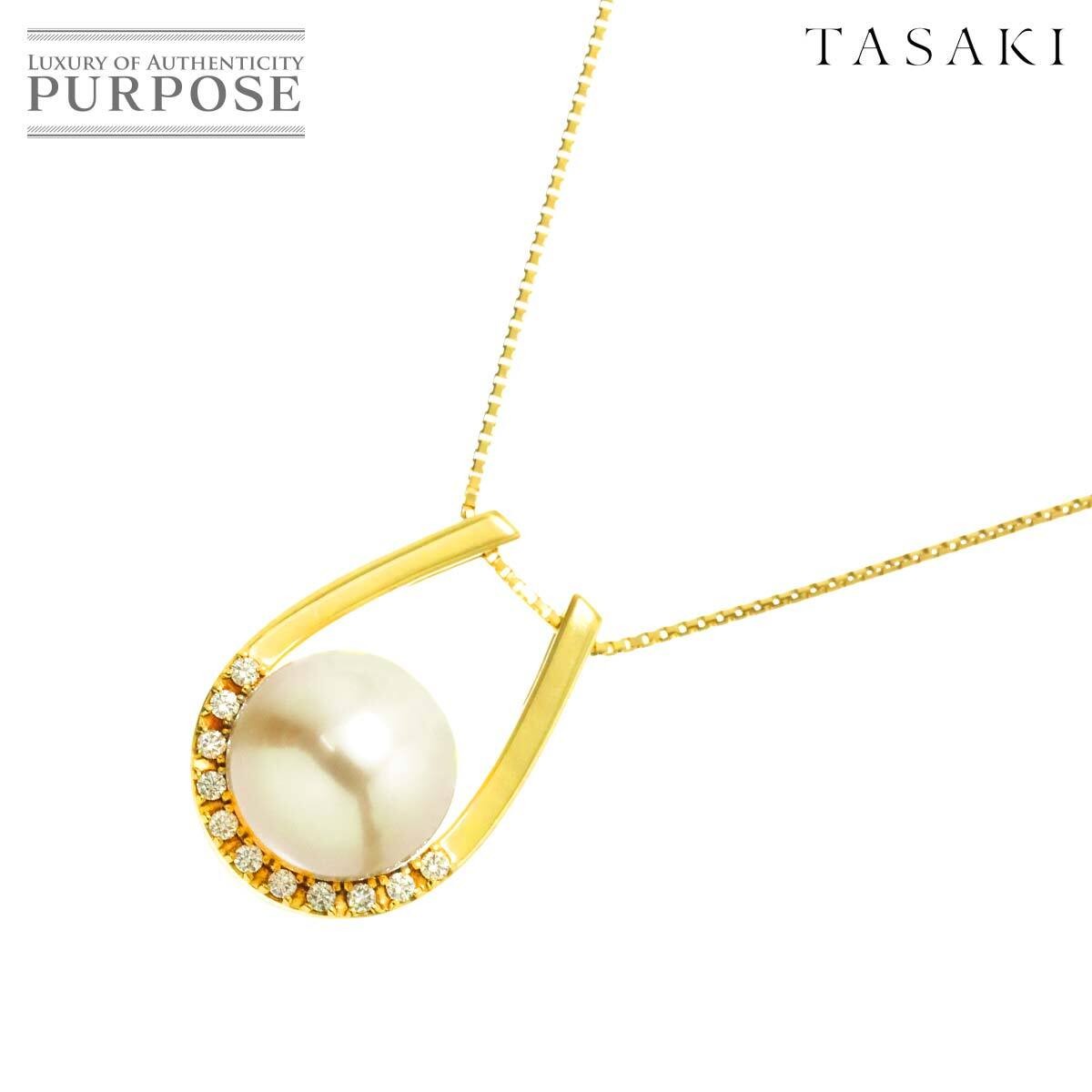 TASAKI White Pearl 10.7mm Diamond 0.10ct Necklace 45cm K18 YG Yellow Gold 750 TA