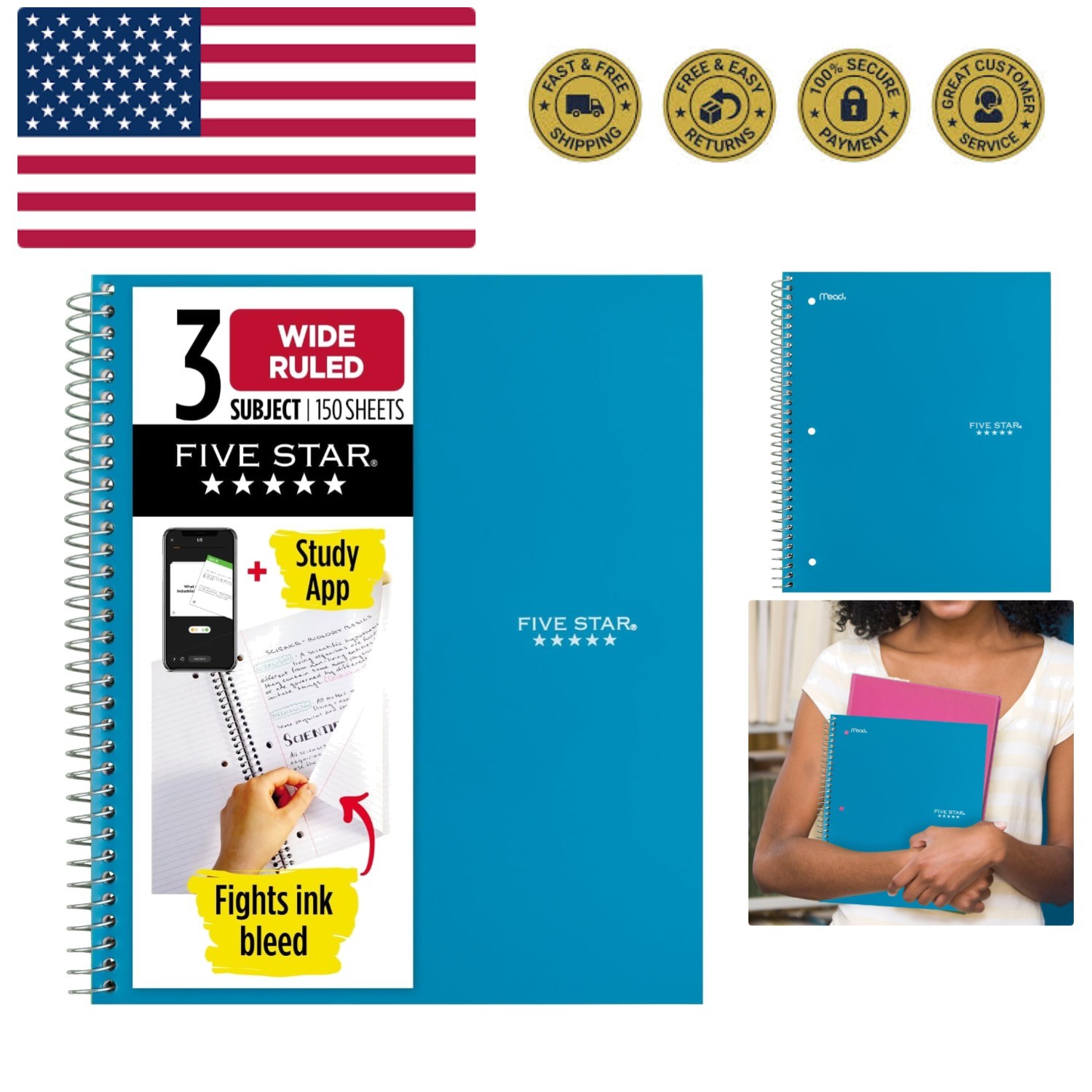 Spiral Notebook + Study App, 3 Subject, Wide Ruled Paper, 8" x 10-1/2", 150 S...
