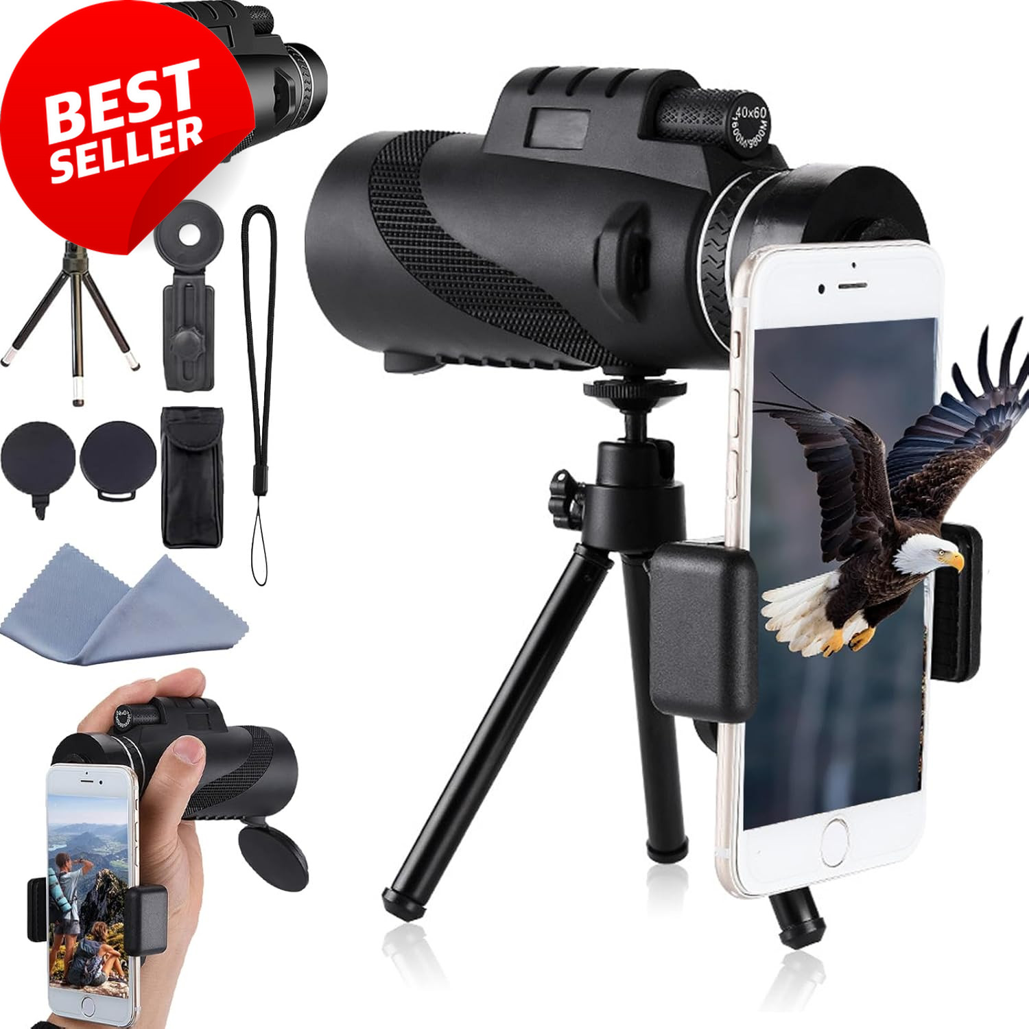 40x60 HD Monocular Telescope Phone Adapter Long Range Bird Watching Travel