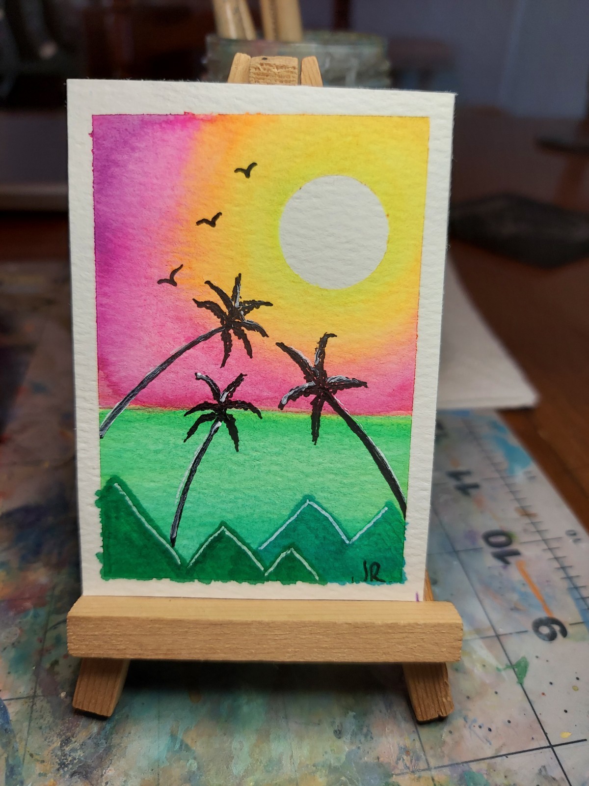 ACEO Miniature Painting ATC OOAK handdrawn watercolor Tropical Neon Full Moon