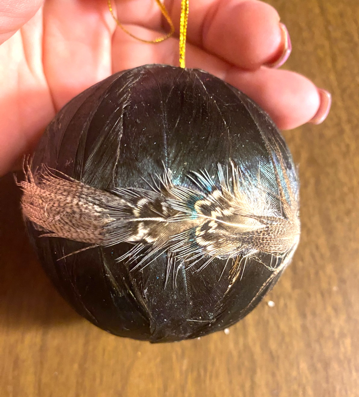 Unique Fully Covered w Feathers Plastic Round Christmas Ornament 2 3/4"