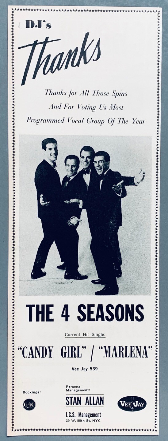 THE FOUR SEASONS FRANKIE VALLI  1963 PRINT ADVERT CANDY GIRL Vee Jay Records