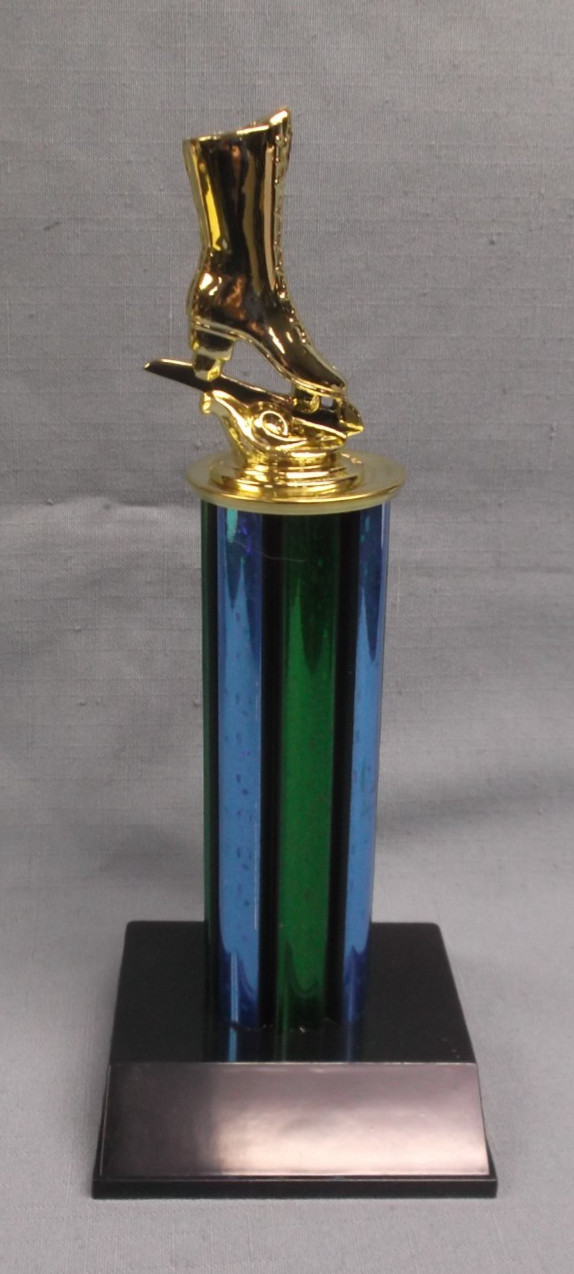 gold figure skate trophy award blue green column black plastic base