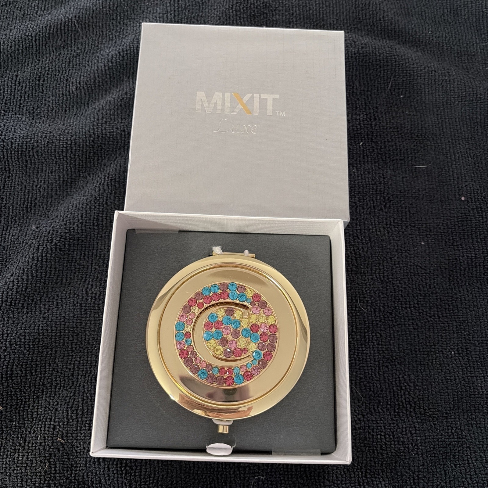 Vintage Shiny C Mirror Compact W/ Colored Rhinestones NIB From J C Penny