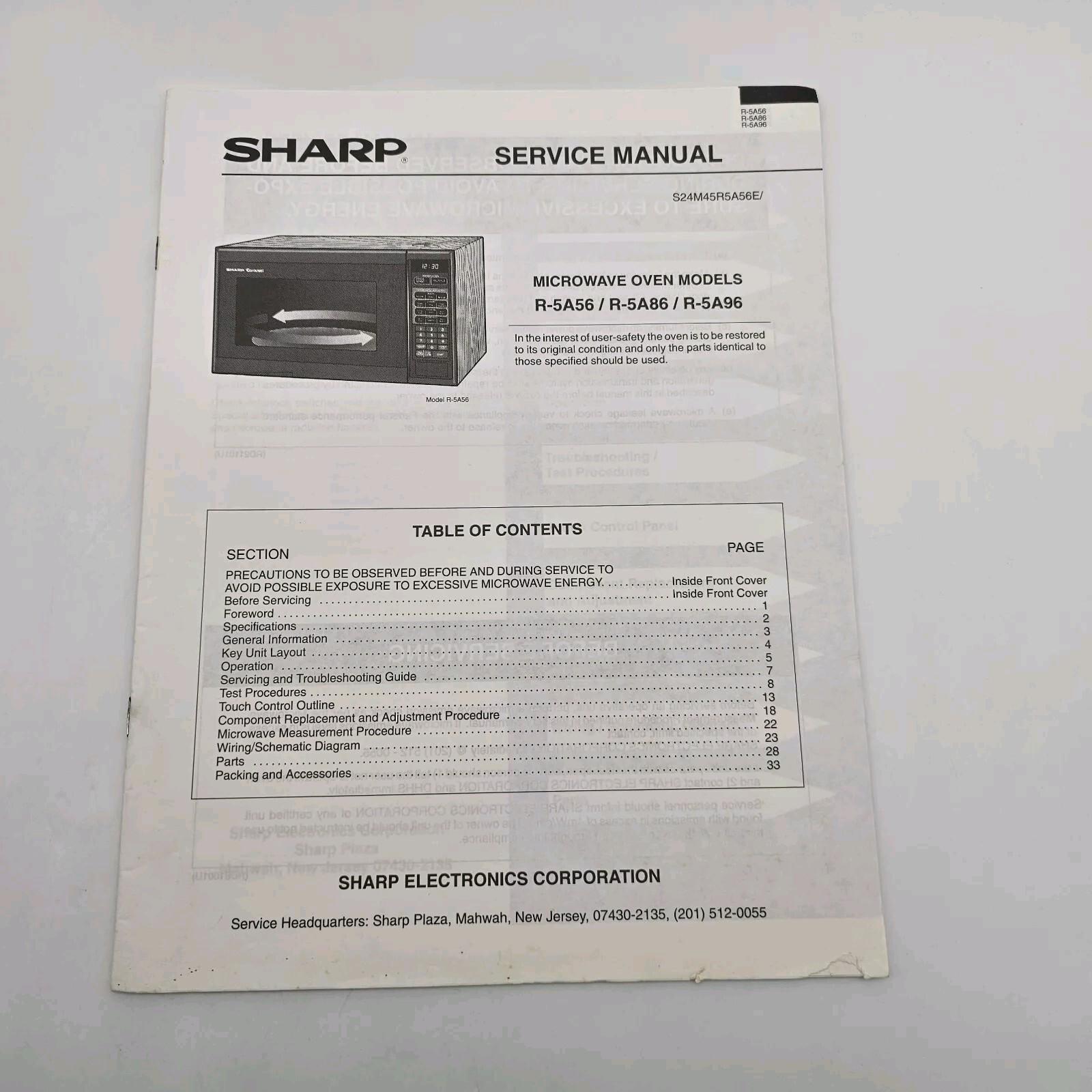 OEM Sharp Service Manual for Microwave Oven Models R-5A56/R-5A86/R-5A96 Vintage