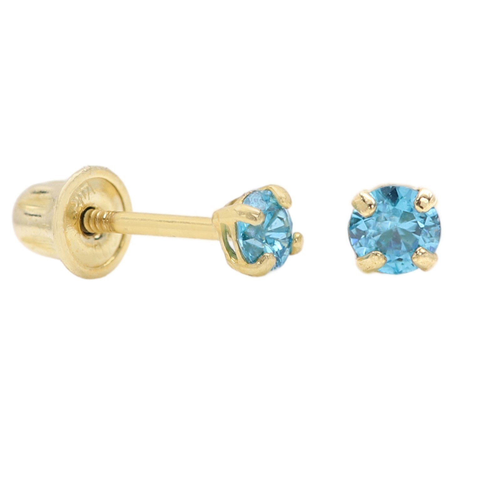 Baby Earrings Light Blue Cz Solid 14k Gold Screw Protective Backs (2mm)