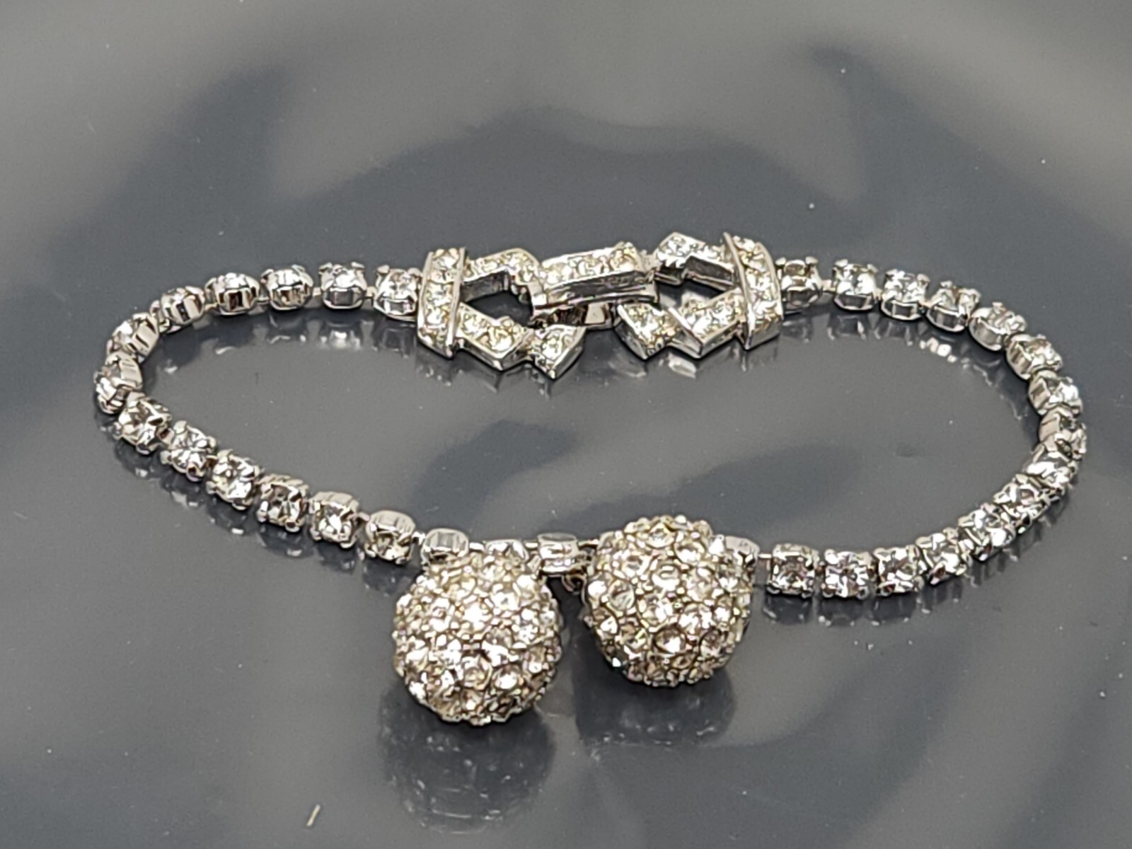 Vintage White Rhinestone Silver tone Charm Bracelet 7"