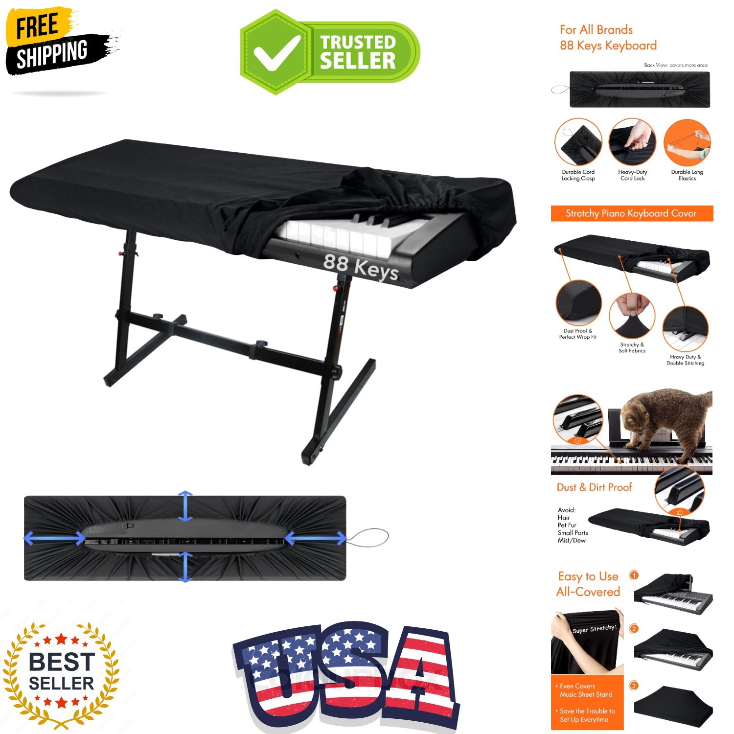 88 Keys Piano Keyboard Dust Cover, Music Dirt Proof Stretchy Electronic Keybo...