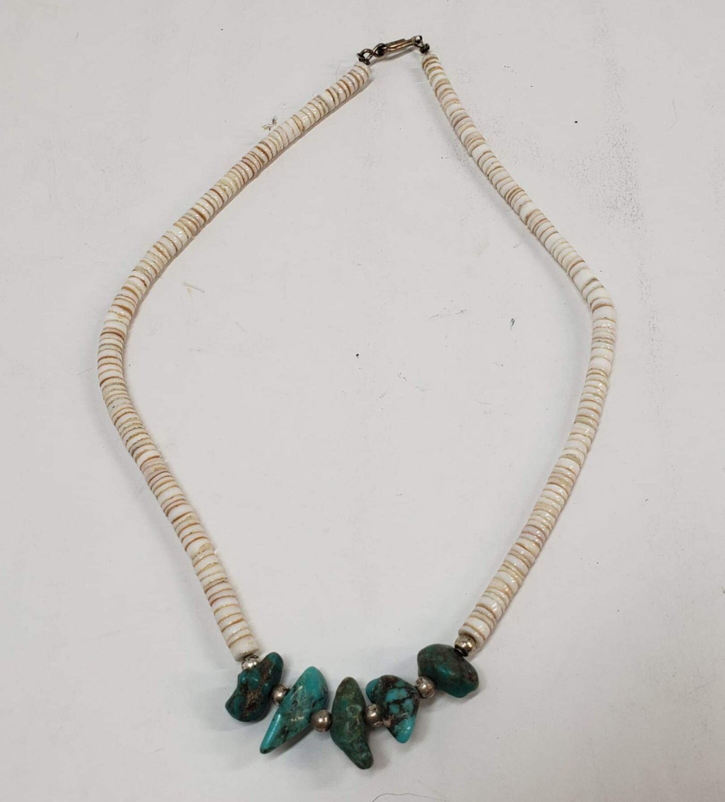 Vintage Sterling Silver Bench Bead Heishi Native Style Turquoise Necklace 16"