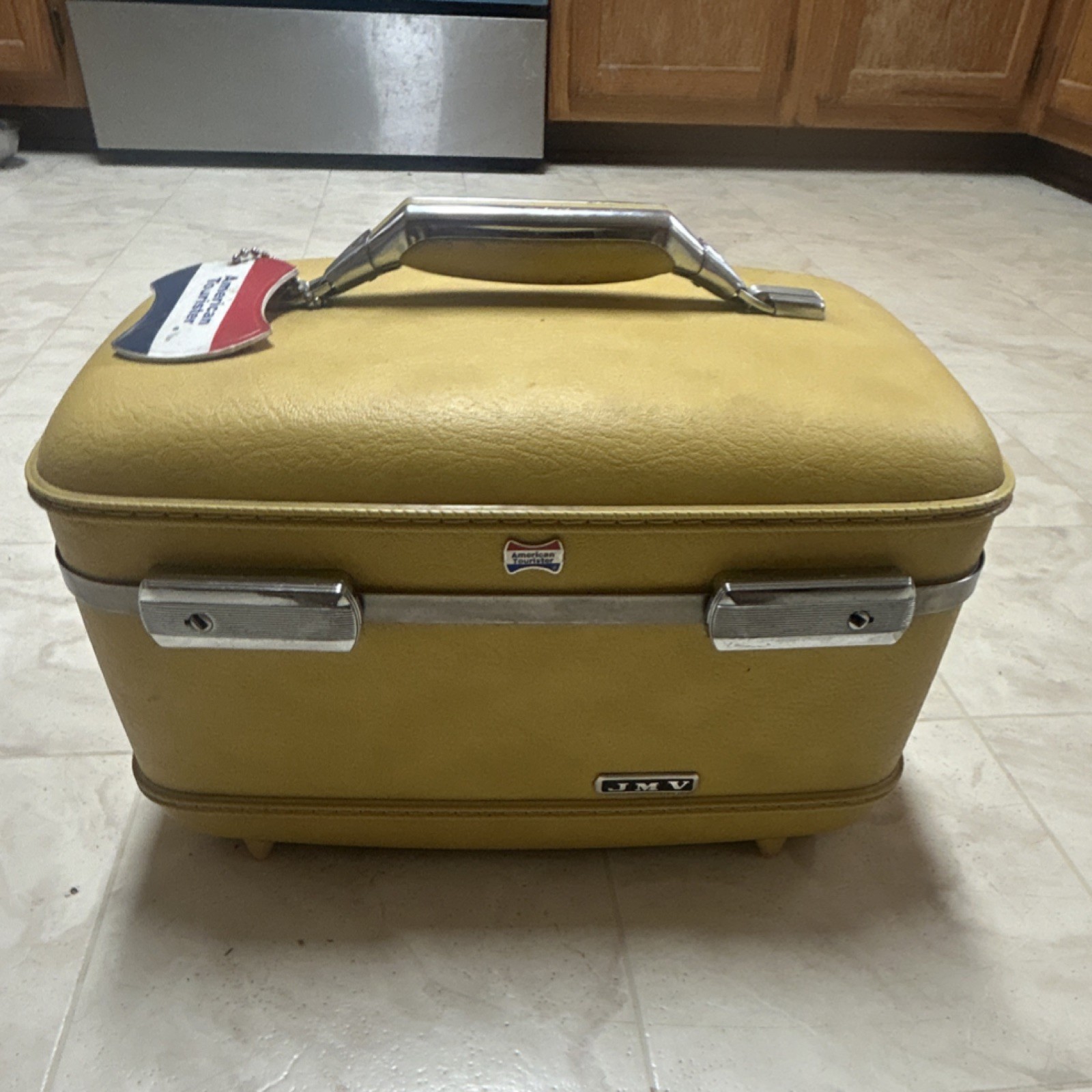 American Tourister Vintage Yellow Hard Shell Vanity Case Vinyl Mirror 1970s