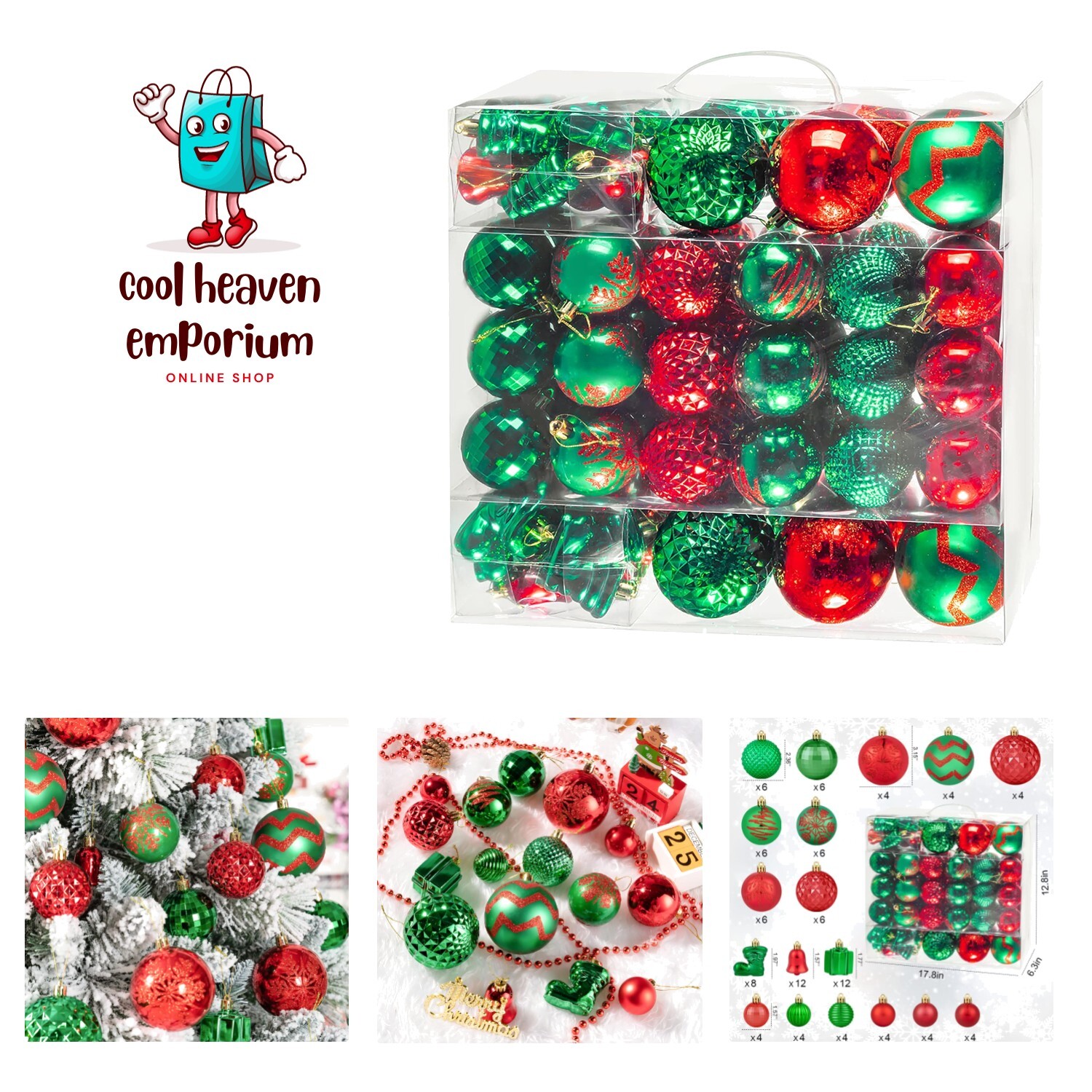 116Pcs Green and Red Christmas Ball Ornaments, Shatterproof Christmas Hanging...