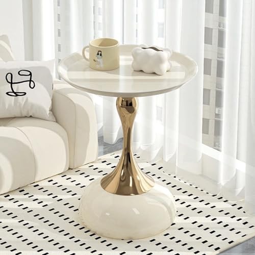 Small White Round Side Table with Gold Pedestal Base - Modern Chic Cream White