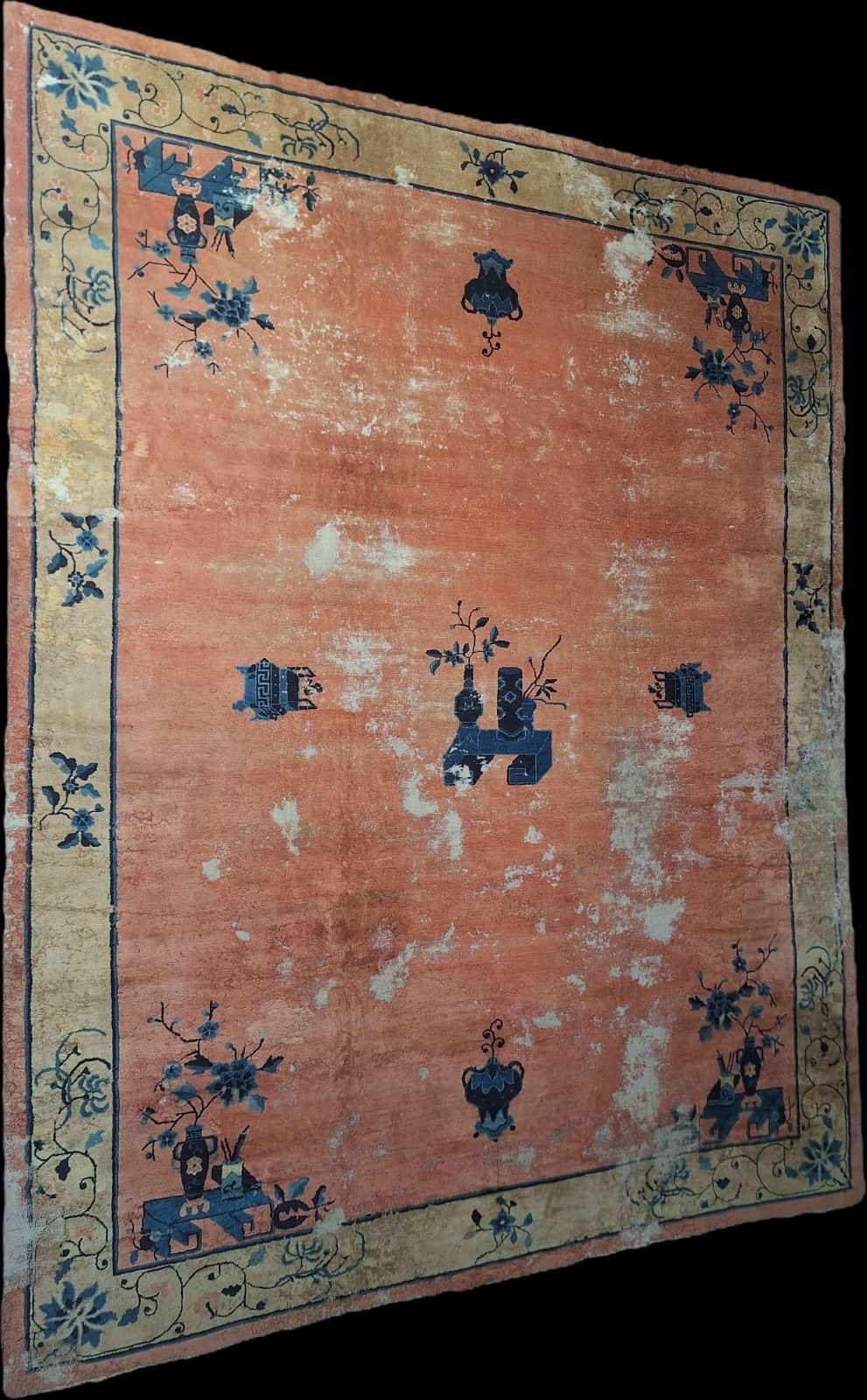 1920's ANTIQUE ART DECO CHINESE  PEKING  PEACH FIELD  11'X14'2 DISTRESSED