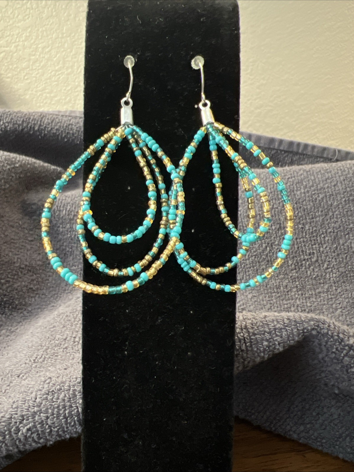 handmade turquoise and gold seed bead teardrop or hoop earrings