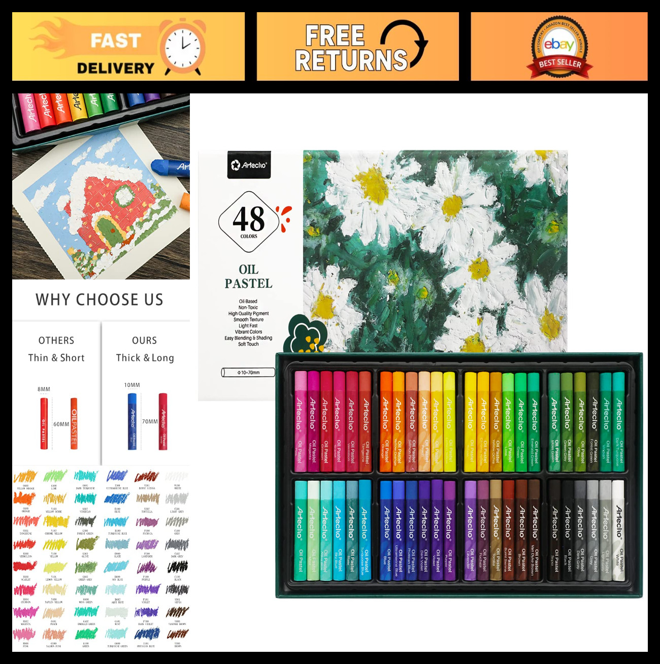 48 Color Oil Pastels Set - Soft Art Supplies for Painting, Drawing & Blending
