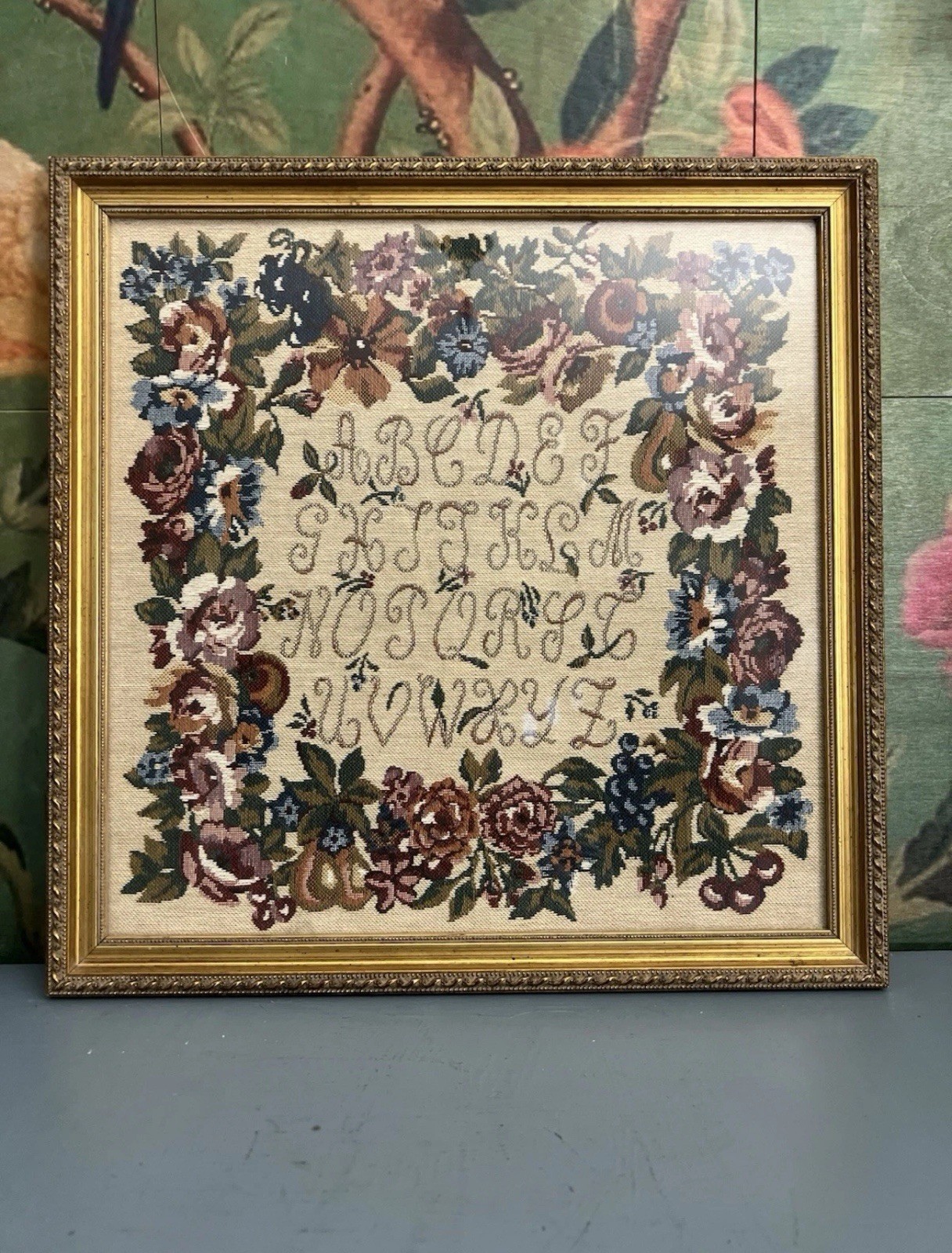 Vintage Framed Needlepoint Floral Border Alphabet in Script
