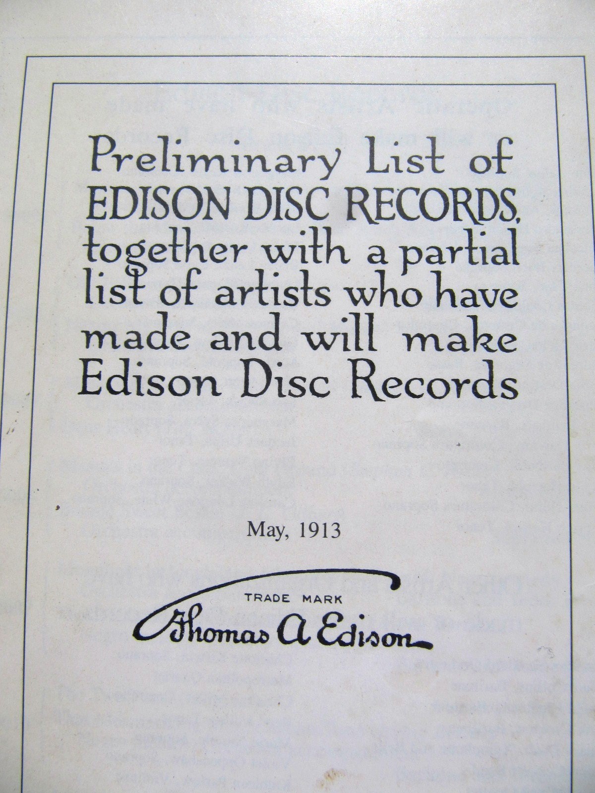 1913 PRELIMINARY LIST OF EDISON DISC RECORDS Diamond Catalog Phonograph Thomas