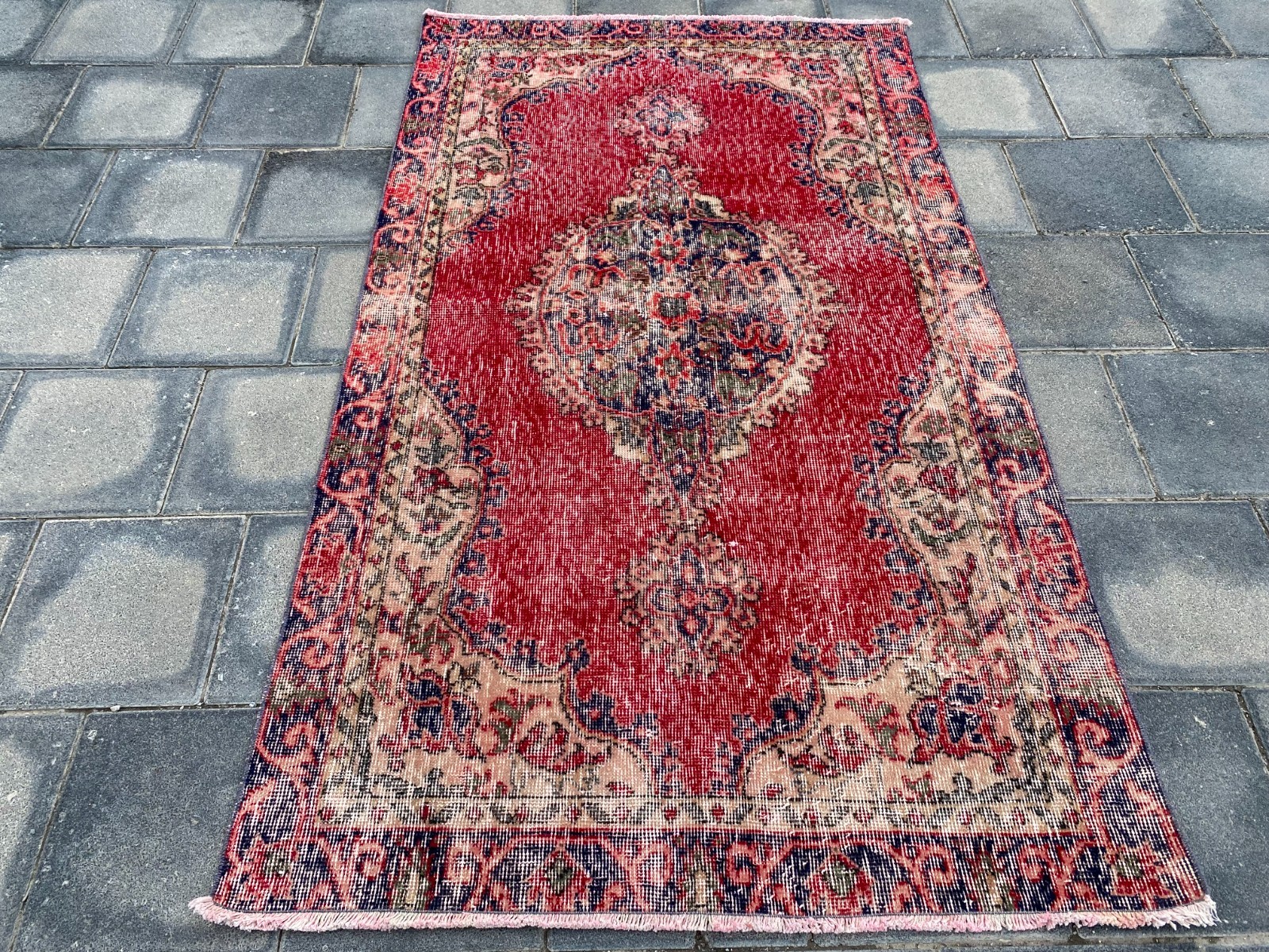 Vintage Turkish Area Rug 3.7x6.4 ft Hand Knotted Wool Red Distressed Boho Carpet