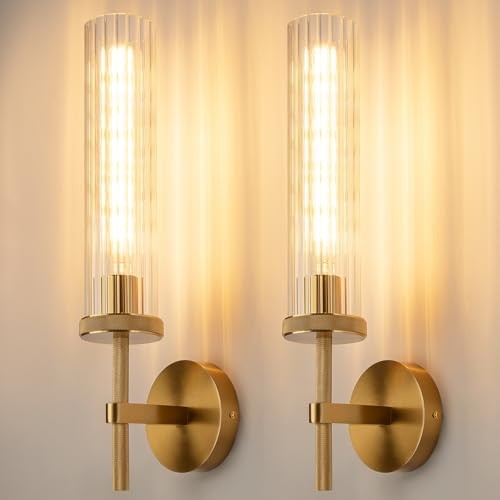 19.5" Knurled Gold Hardwired Wall Sconces Set of 2, 19.5″-Gold Vertical Striped