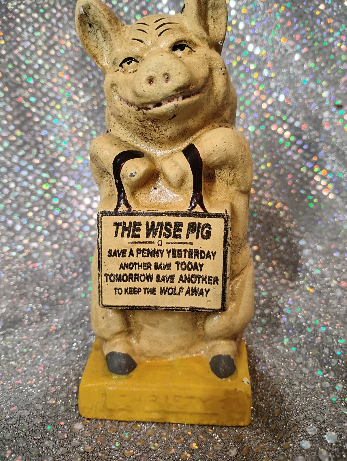 Cast Iron Thrifty Pig Coin Bank The Wise Pig Safe Painted 6 1/2" Tall