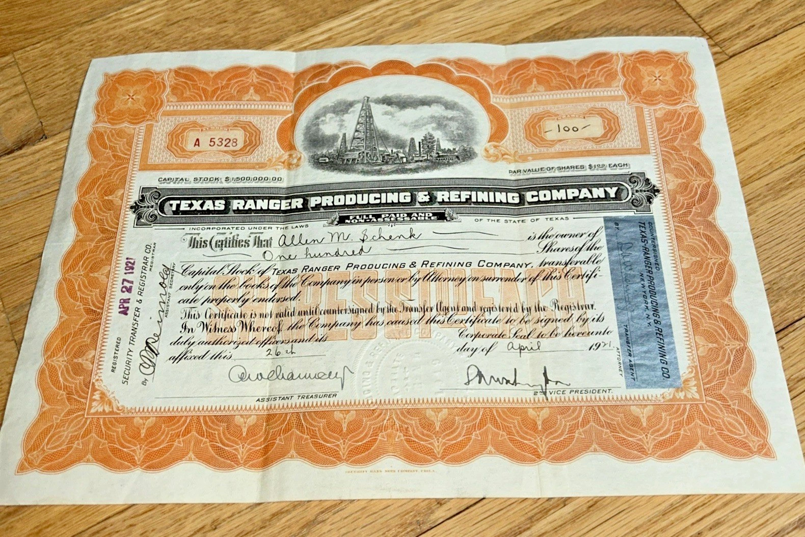 1921 TEXAS RANGER PRODUCING & REFINING COMPANY Stock Certificate